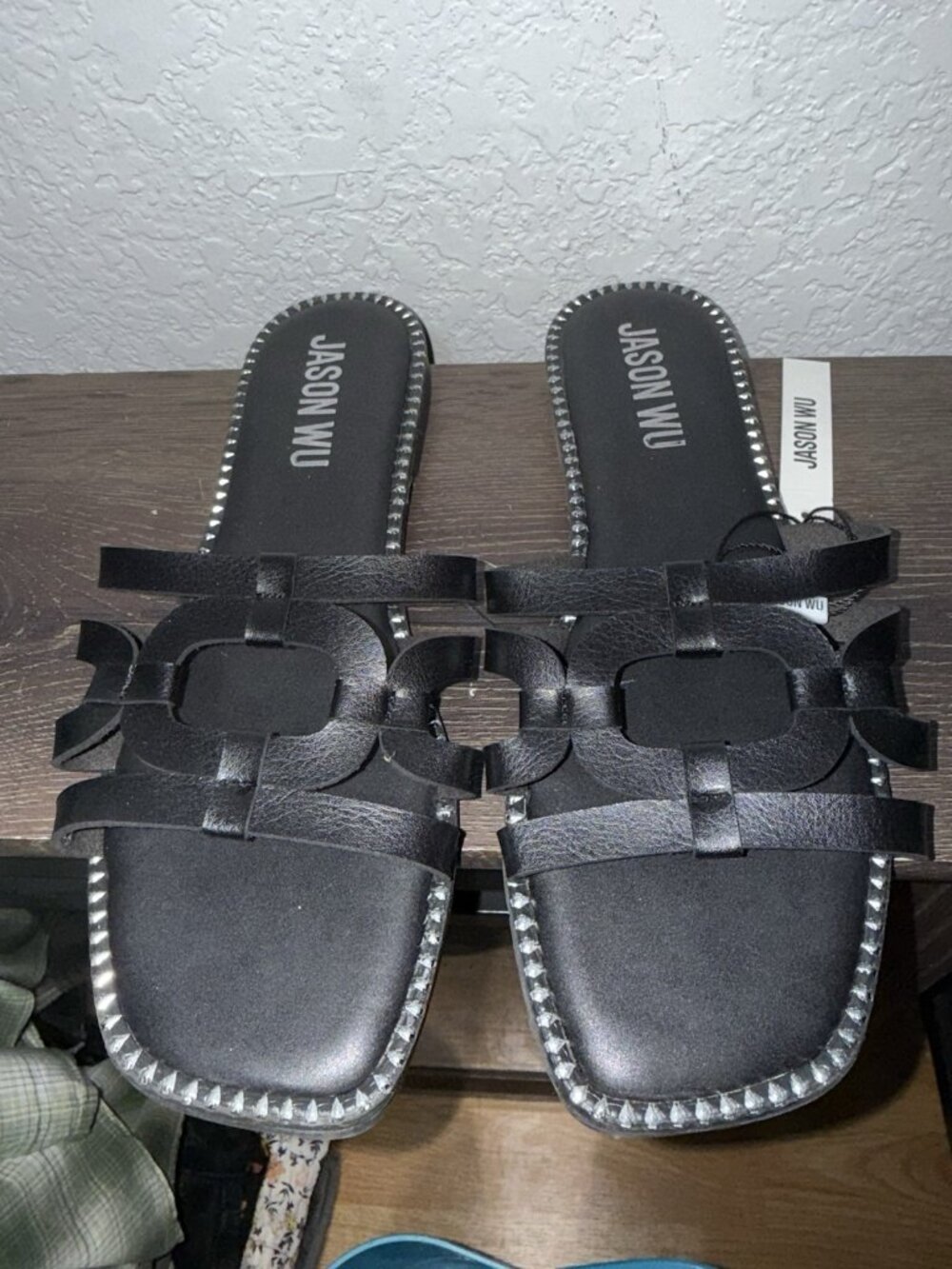 Jason Wu Black Silver Stud Slide Sandals Slip-On Leather Upper Women's 9 NEW - Picture 3 of 11